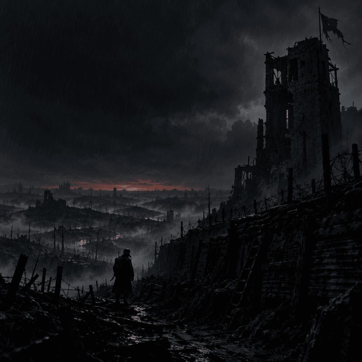 Original editorial illustration of a gas-mask survivor overlooking ruined trenches and a watchtower at dusk